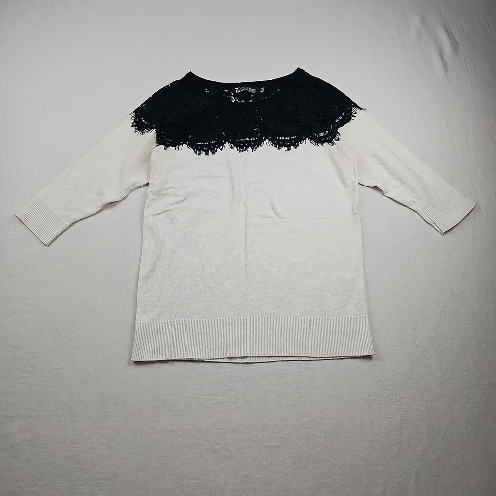 7th Avenue New York & Company Design Studio XXS Petite White Black Lace Sweater